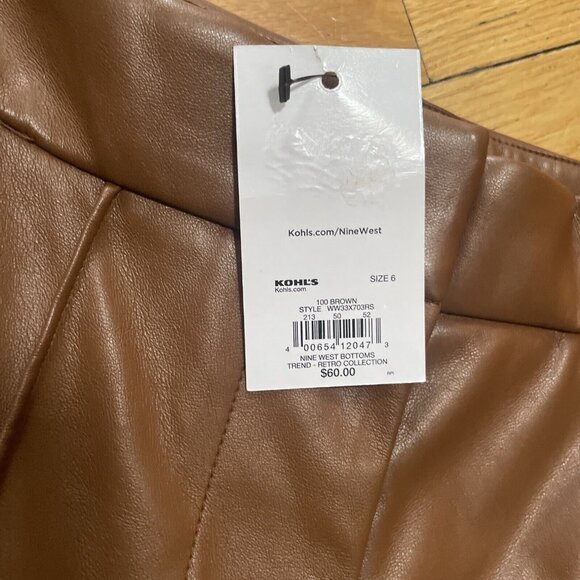 Women's 6‎ Nine West Faux Leather Trouser Brown Retro Wide Leg Pleated Pant NWT - Picture 5 of 7
